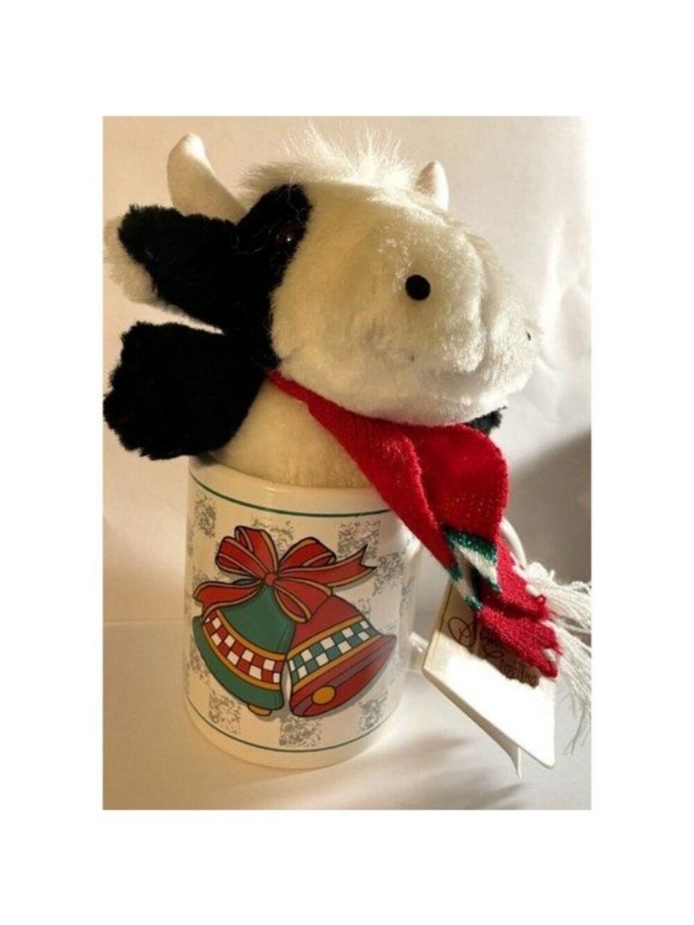 Vintage Mug Set Plush Joelson Industries 1994 Cow Plush Black White Bells Card